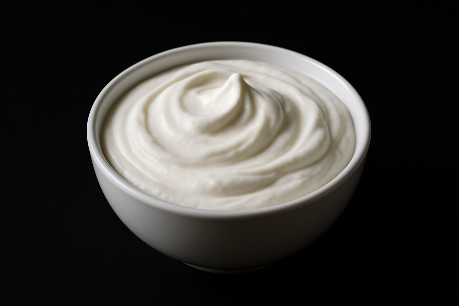 bowl of greek yogurt focused in the middle and on a black background