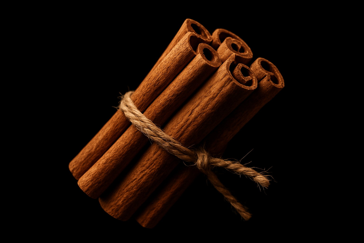 bundle of whole cinnamons in the middle at an angle on a black background