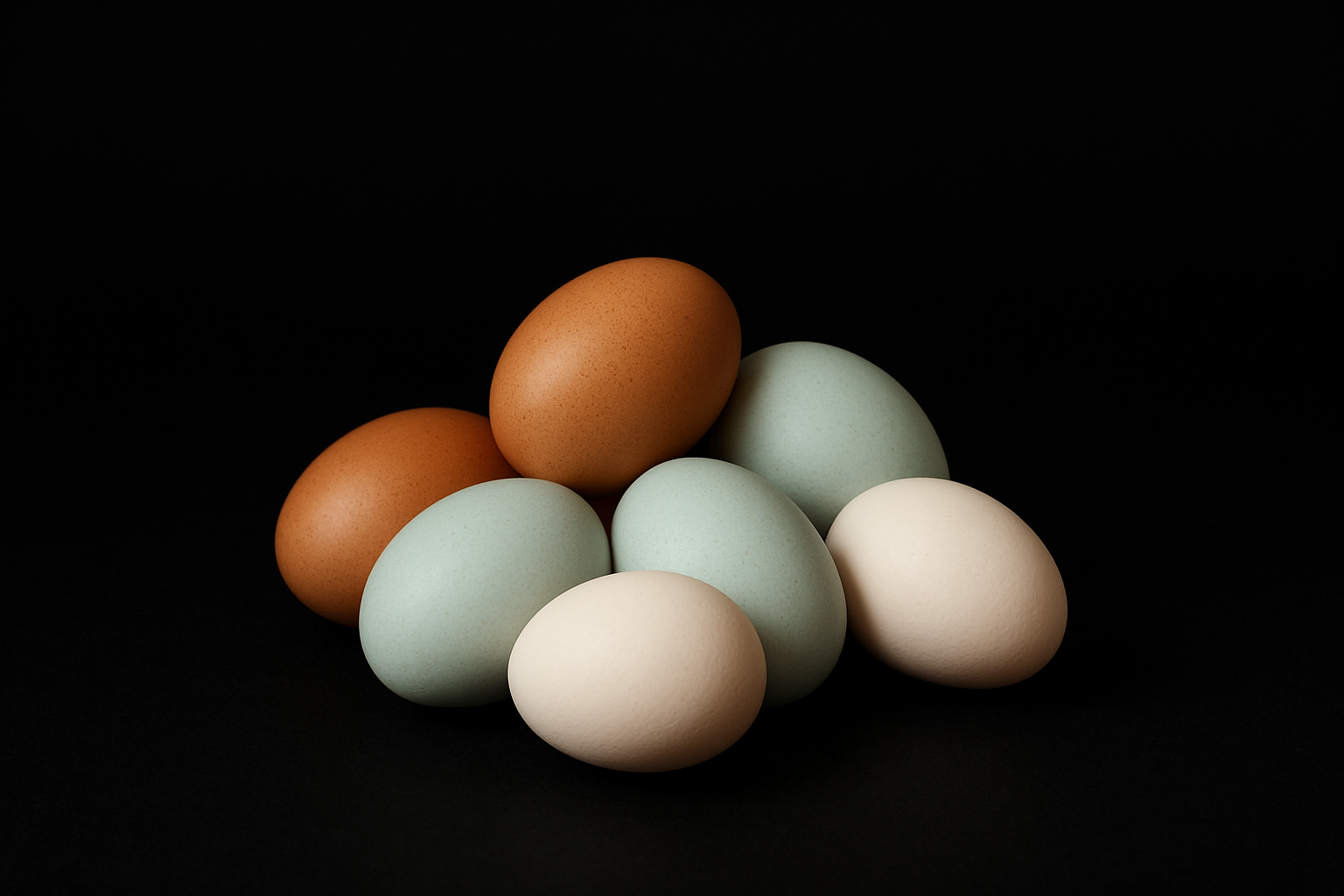 small pile of brown, blue, white eggs centered in the middle on a black background