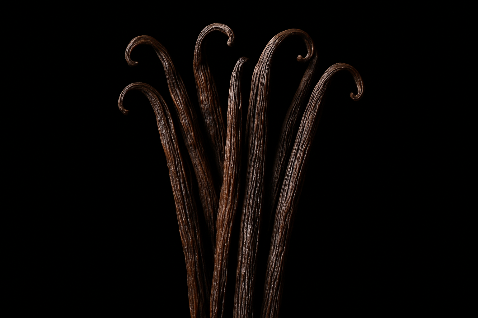 vanilla beans in the middle on a black background