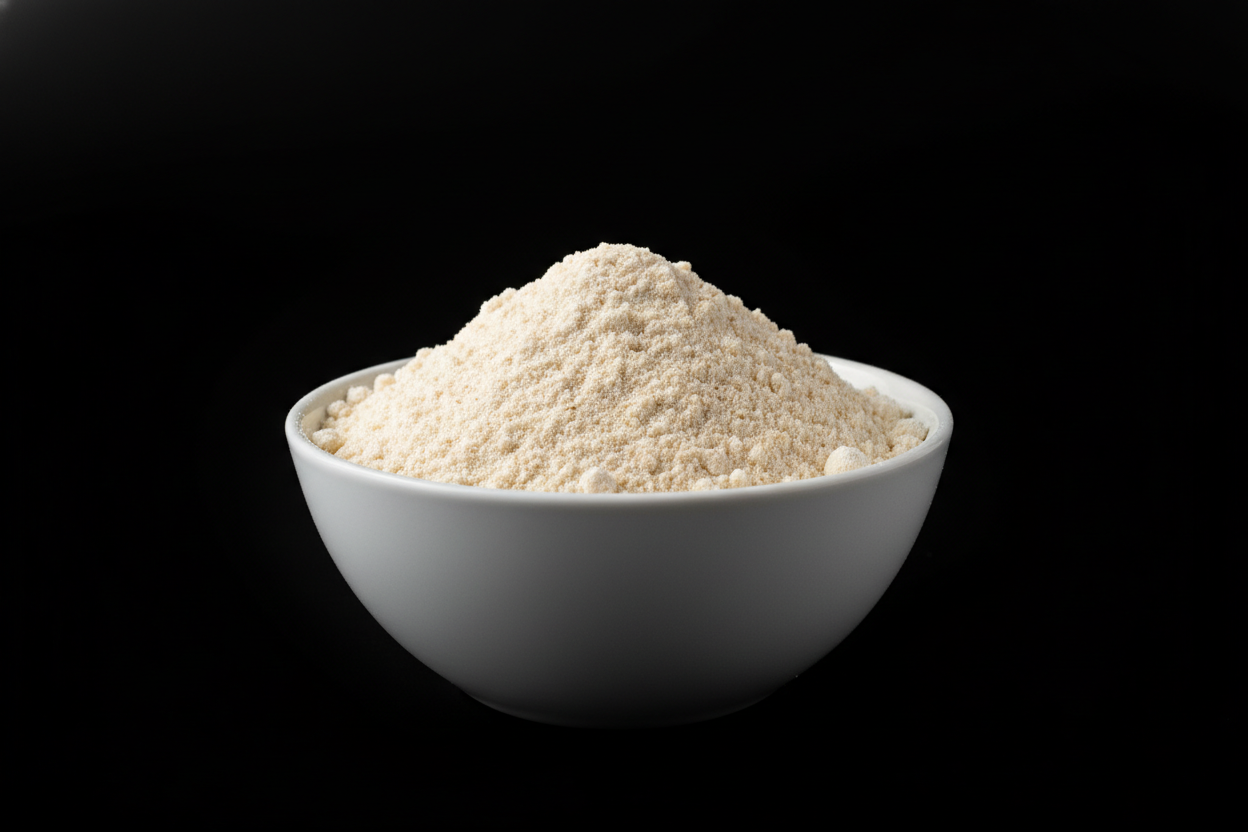 bowl of almond flour in the middle on a black (#000000) background